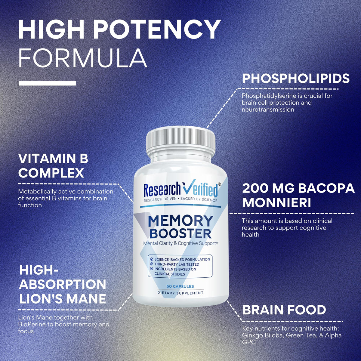 Research Verified Memory Booster - Nootropic Supplement - Enhance Cognition and Memory - Lion’s Mane, Ginkgo Biloba, BioPerine - 60 Capsules - Non-GMO - Made in the USA