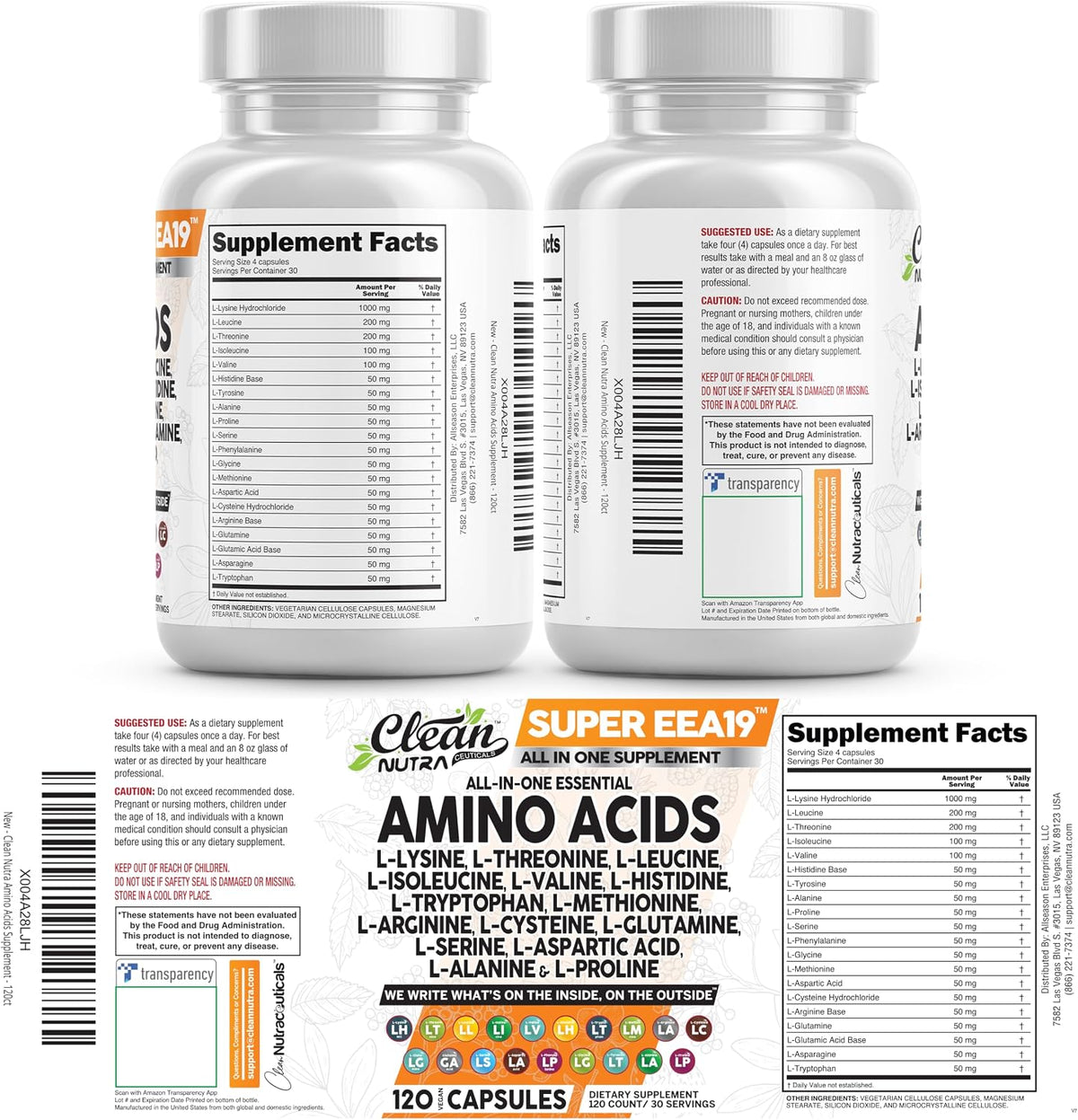 Clean Nutraceuticals Amino Acids Supplement L-Lysine, L-Threonine, L-Leucine, Isoleucine, Valine, L-Histidine, L-Tryptophan, L-Methionine, L-Arginine, L-Cysteine, L-Glutamine, L-Serine, Aspartic Acid