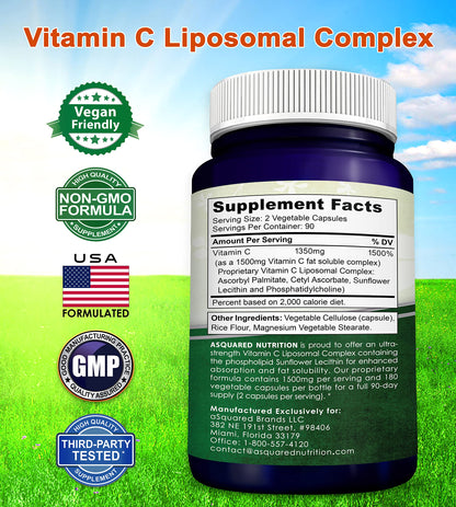aSquared Nutrition Vitamin C Liposomal Complex - 1500mg Supplement - 180 Capsules - High Absorption VIT C Ascorbic Acid Pills - Supports Immune System