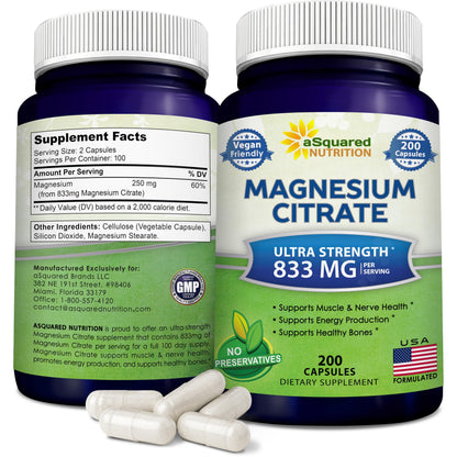 aSquared Nutrition Magnesium Citrate 833mg Supplement - 200 Capsules - Max Strength Vegan Mag Citrate Powder Pills to Support Pure Function of Muscles,