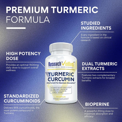 Research Verified Turmeric Curcumin Supplement with Black Pepper (BioPerine) - High Potency Curcumin - Antioxidant, Joints & Daily Wellness - 60 Vegan Turmeric Capsules - Made in USA - 1 Month Supply