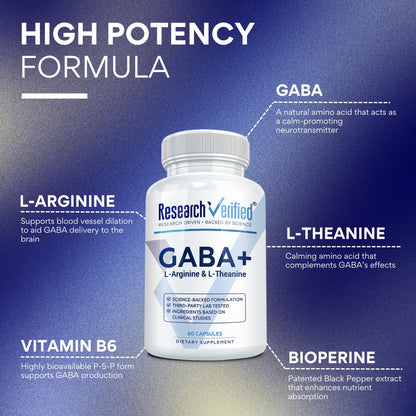 Research Verified GABA+ - Relaxation, Mood, Sleep - 600mg GABA, L-Arginine, L-Theanine, P5P, BioPerine - 60 Vegan Capsules - Pack of 1