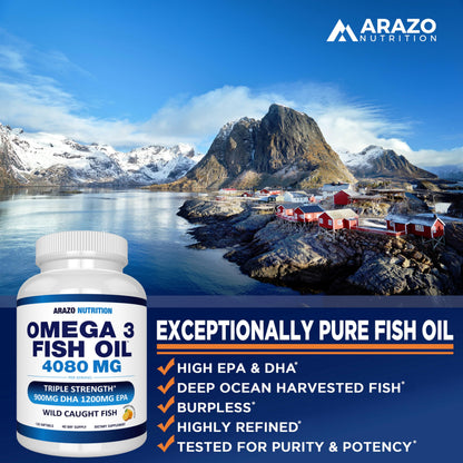 Arazo Nutrition Wild Caught Omega-3 Fish Oil Concentrate – 4,080mg per Serving – High EPA 1200mg & DHA 900mg