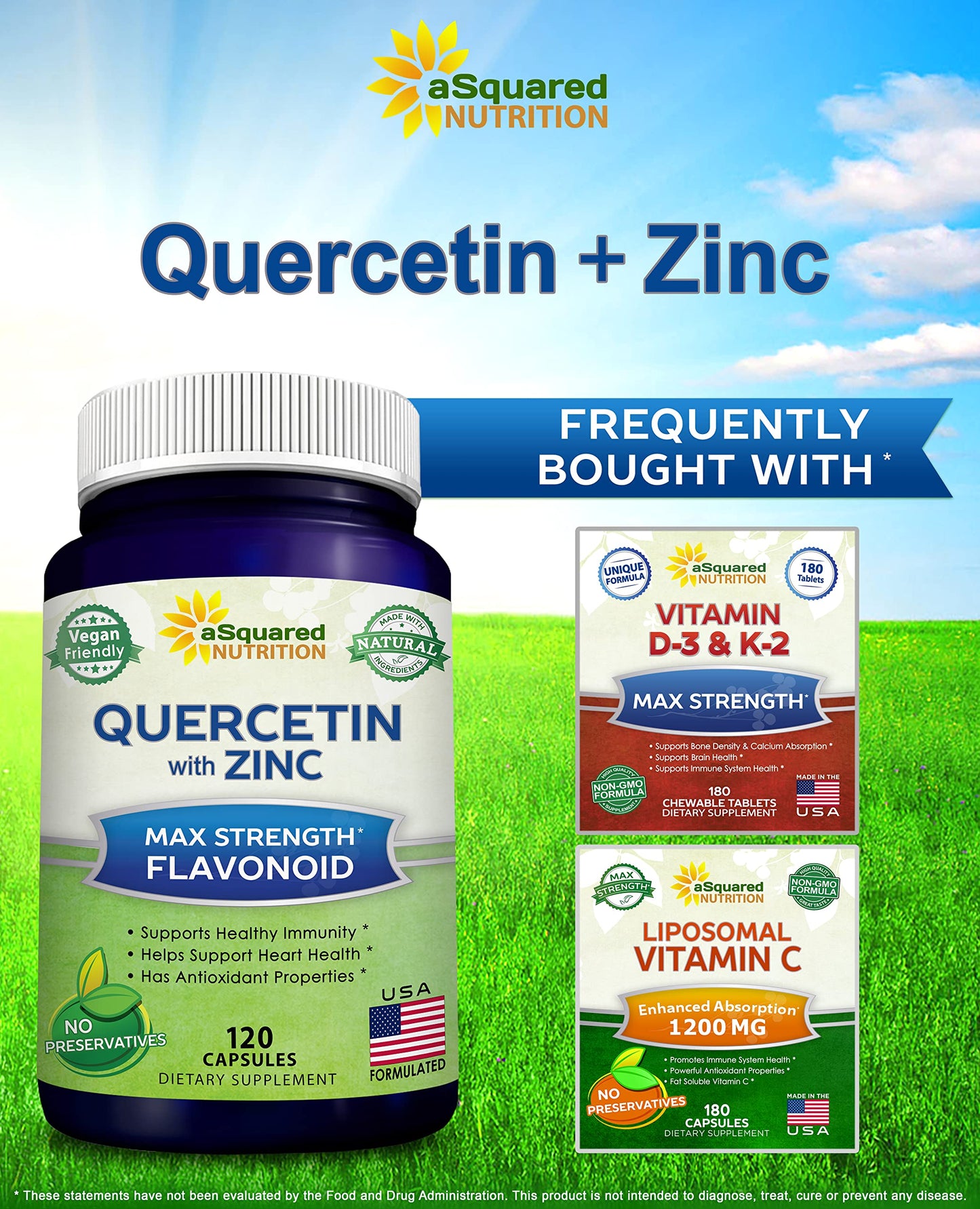 aSquared Nutrition Quercetin 1000mg with Zinc Supplement - 120 Capsules - Quercetin Dihydrate with Black Elderberry & Zinc - Max Strength Powder Complex