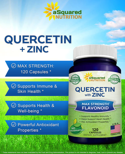 aSquared Nutrition Quercetin 1000mg with Zinc Supplement - 120 Capsules - Quercetin Dihydrate with Black Elderberry & Zinc - Max Strength Powder Complex