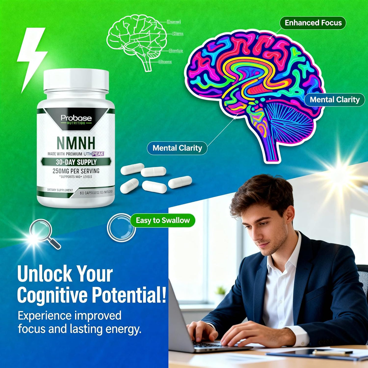Uthpeak NMNH NAD Supplement 250mg - Recommended Dose for Healthy Aging, a Memory Focus Supplement for Cognitive Function Support (60 Capsules) - Alternative to NR, NAD, Quercetin and Fisetin