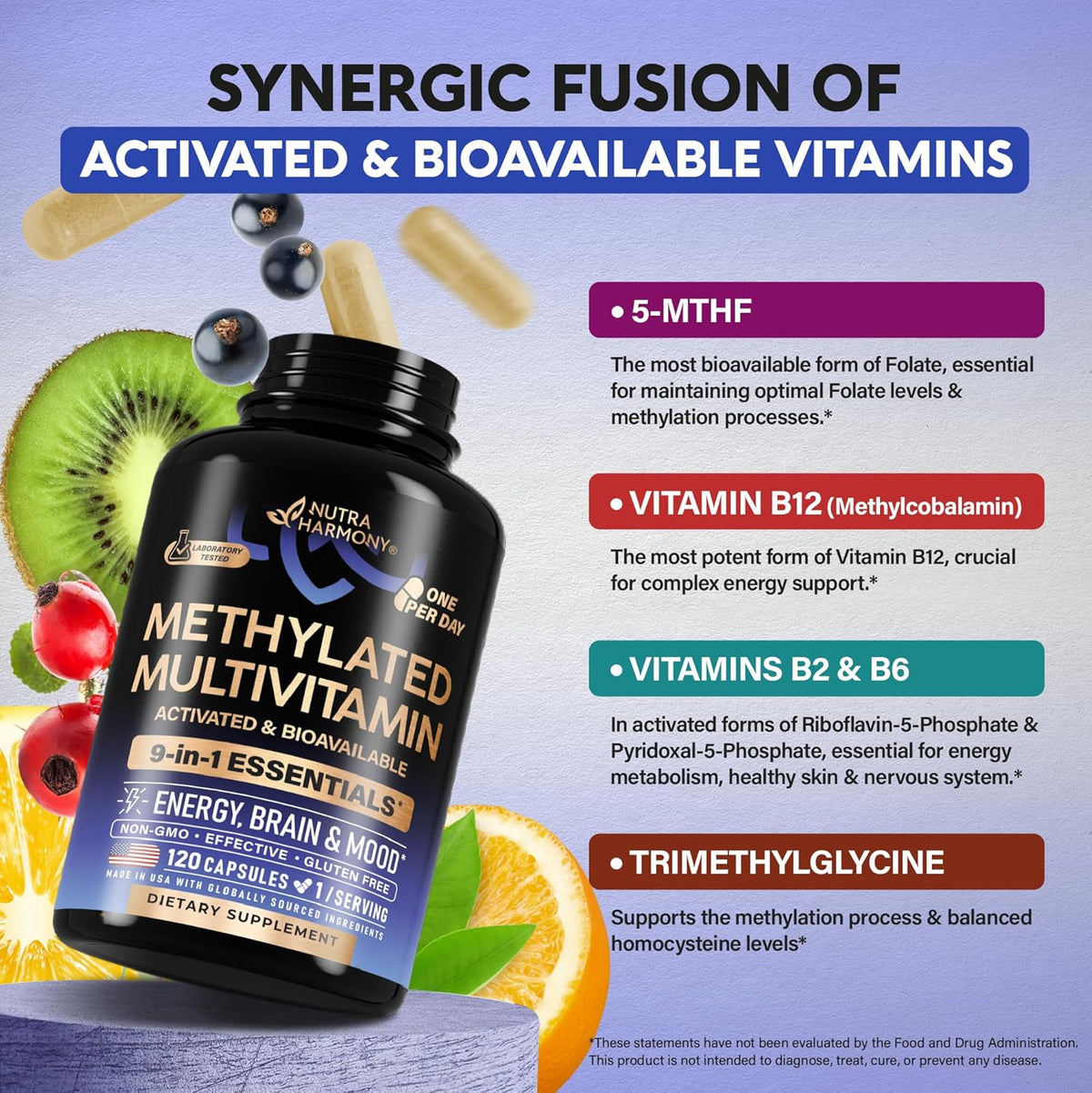 Methylated Multivitamin - B2, B6, 5-MTHF & B12 | Antioxidants C & E | Vitamin D3 & K2 - for Men & Women - 9-in-1 MTHFR Supplement with TMG - Energy, Brain & Mood - Vegan - Lab Tested - 120 Capsules