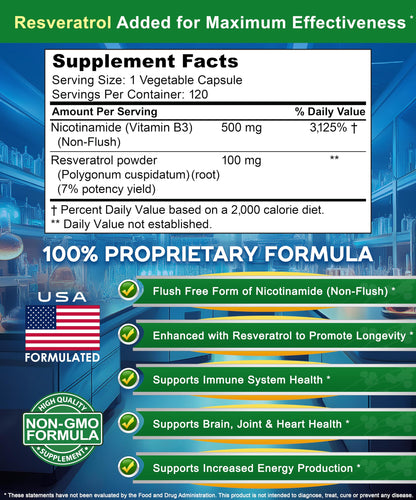 aSquared Nutrition Nicotinamide with Resveratrol - 120 Veggie Capsules - Vitamin B3 500mg (Niacinamide Flush Free)