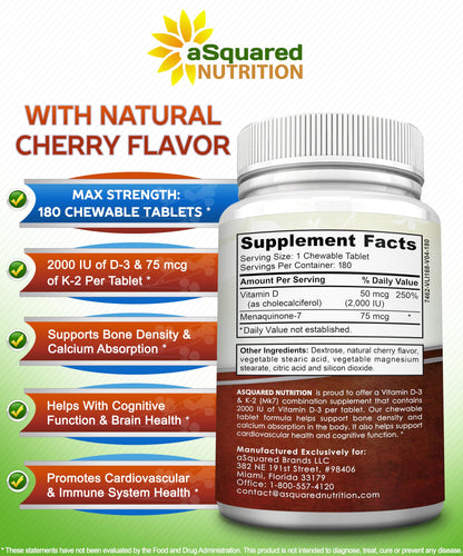 aSquared Nutrition Vitamin D3 with K2 Supplement-180 Chewable Tablets, Max Strength D-3 Cholecalciferol & K-2 MK7 to Support Healthy Bones, Teeth, Heart -Antioxidant D3