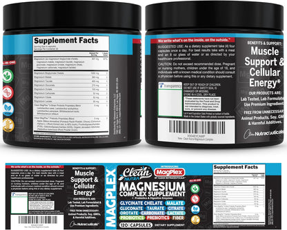 8in1 Magnesium Supplement Complex | Magnesium Glycinate Citrate Malate Gluconate Orotate Carbonate Lactate + Prebiotics Probiotics Digestive Enzymes Magnesio Capsules for Women Men By Clean Nutra