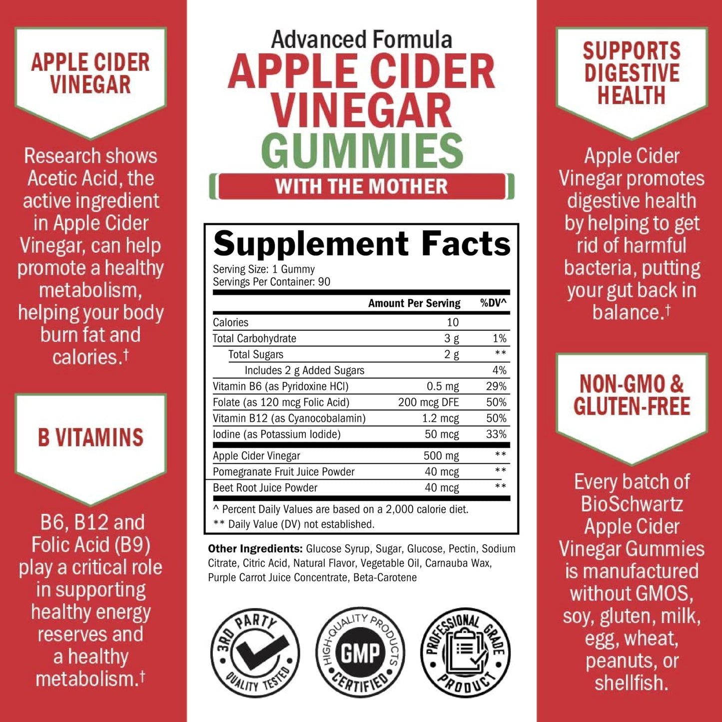 Apple Cider Vinegar Gummies - ACV Gummies with The Mother for Women & Men - Energy Boost Bloat Digestive & Immune Support - Vitamin B12 B6 B 9 Folic Acid
