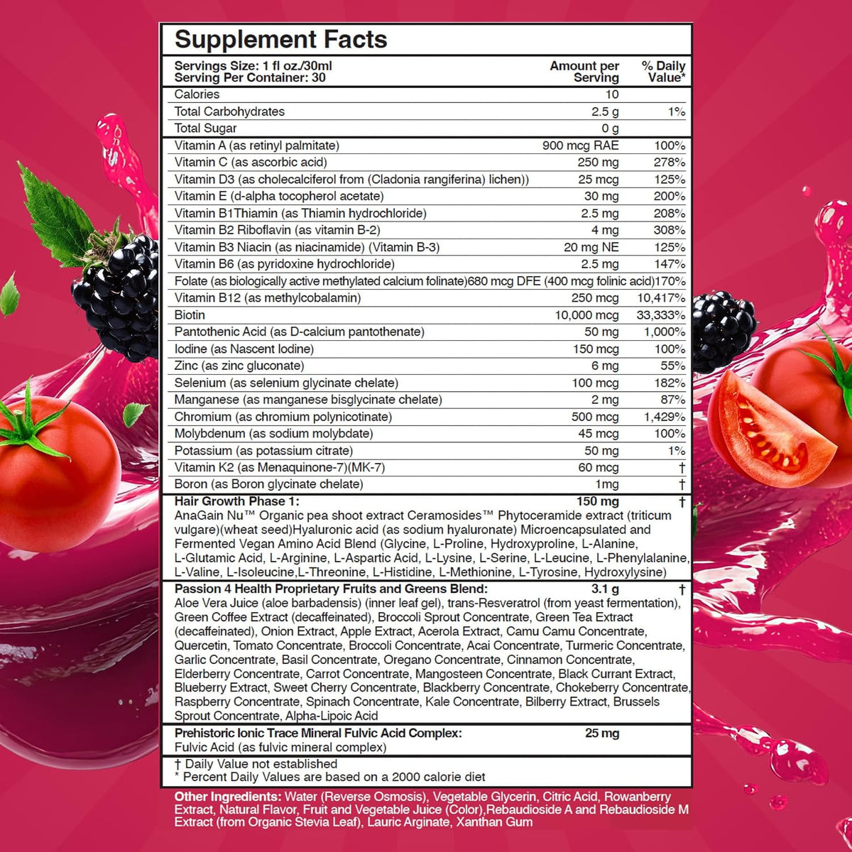 Passion 4 Health - Daily Liquid Multivitamin + Minerals (Radiant Berry Delight, Hair Skin Nails Liquid Multivitamin)