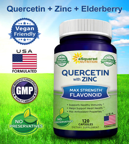 aSquared Nutrition Quercetin 1000mg with Zinc Supplement - 120 Capsules - Quercetin Dihydrate with Black Elderberry & Zinc - Max Strength Powder Complex