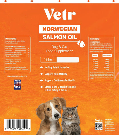 Vetr Norwegian Salmon Oil for Dogs & Cats, 16.9 oz Squeeze Bottle - Pure Wild-Caught Omega-3 Fish Oil Liquid Supplement - Supports Healthy Skin & Shiny Coat