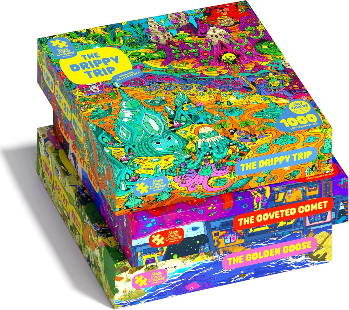 Magic Puzzle Company Series 5 Bundle • 3-Pack of 1000-Piece Jigsaw Puzzles | Includes The Drippy Trip, The Golden Goose & The Coveted Comet. Original handmade art. Mind-blowing magic ending. No dust.