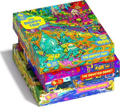 Magic Puzzle Company Series 5 Bundle • 3-Pack of 1000-Piece Jigsaw Puzzles | Includes The Drippy Trip, The Golden Goose & The Coveted Comet. Original handmade art. Mind-blowing magic ending. No dust.