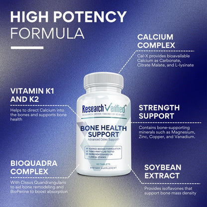 Research Verified Bone Health Support - Rebuild Bone Mass - Triple Calcium Complex, Vitamin D3, Vitamin K2, Soy Isoflavones, BioPerine - 60 Tablets - 1 Month Supply