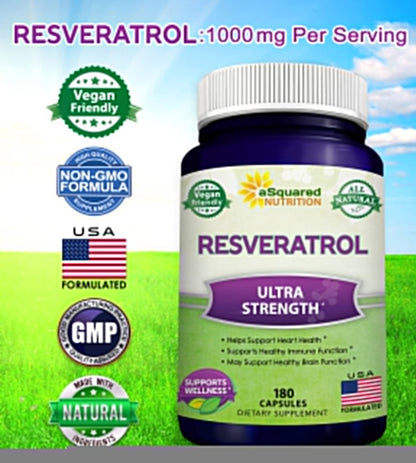 100% Natural Resveratrol - 1000mg Per Serving Max Strength (180 Capsules) Antioxidant Supplement, Trans-Resveratrol Pills