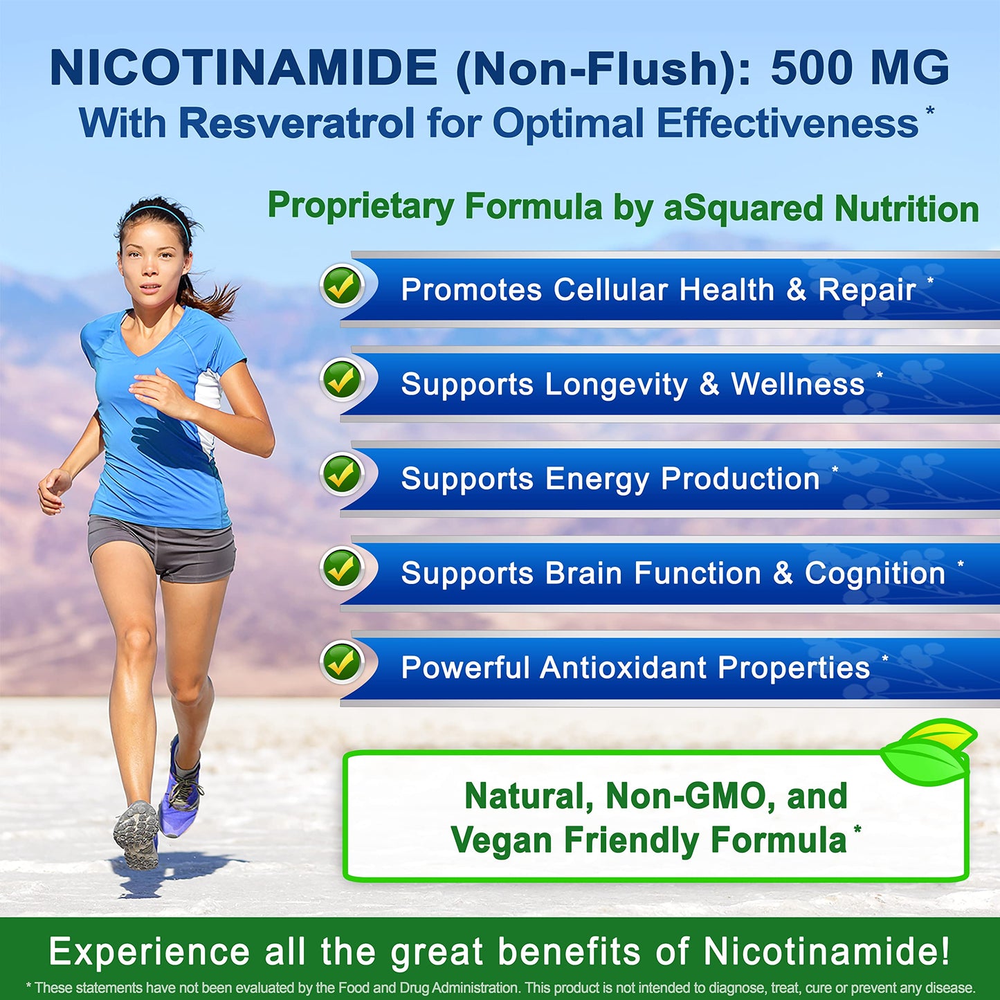 aSquared Nutrition Nicotinamide with Resveratrol - 120 Veggie Capsules - Vitamin B3 500mg (Niacinamide Flush Free)