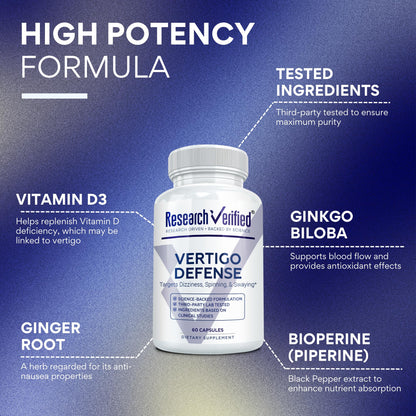 Research Verified Vertigo Defense - Soothe Symptoms and Support Inner Ear Balance - Vitamin D3, Ginger, Ginkgo Biloba, BioPerine - 60 Capsules