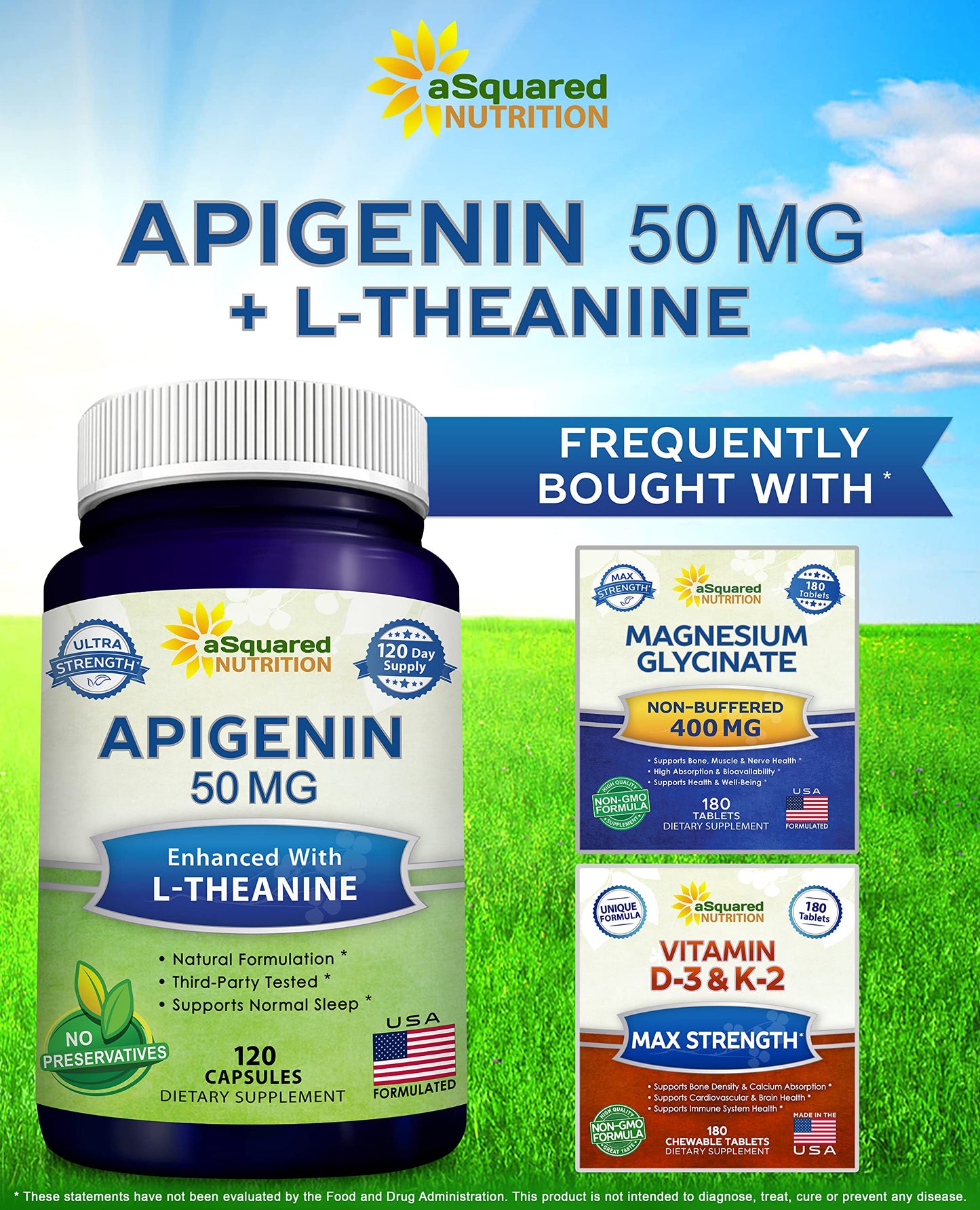 aSquared Nutrition Apigenin 50mg & L-Theanine 200mg - 120 Capsules - Apigenin Supplement Pills for Sleep and Relaxation