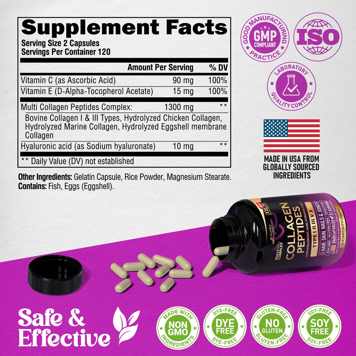 Multi Collagen Peptides - Hydrolyzed Types I, II, III, V & X - Collagen Supplement for Women 1300mg - w/ Hyaluronic Acid, Vitamins C & E - Skin, Hair, Nails & Joint Support - Lab Tested - 120 Capsules
