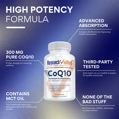 Research Verified CoQ10-100% Pure Extra Strength 300mg CoQ10 – Improved Absorption and Bioavailability with Bioperine - Boost Antioxidant Levels, Improve Cardiovascular Health, 180 Vegan Capsules