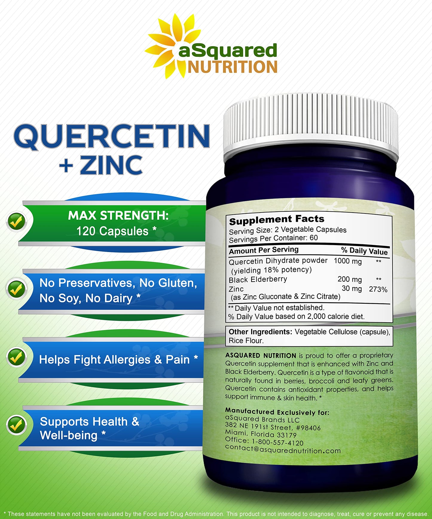 aSquared Nutrition Quercetin 1000mg with Zinc Supplement - 120 Capsules - Quercetin Dihydrate with Black Elderberry & Zinc - Max Strength Powder Complex