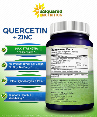 aSquared Nutrition Quercetin 1000mg with Zinc Supplement - 120 Capsules - Quercetin Dihydrate with Black Elderberry & Zinc - Max Strength Powder Complex