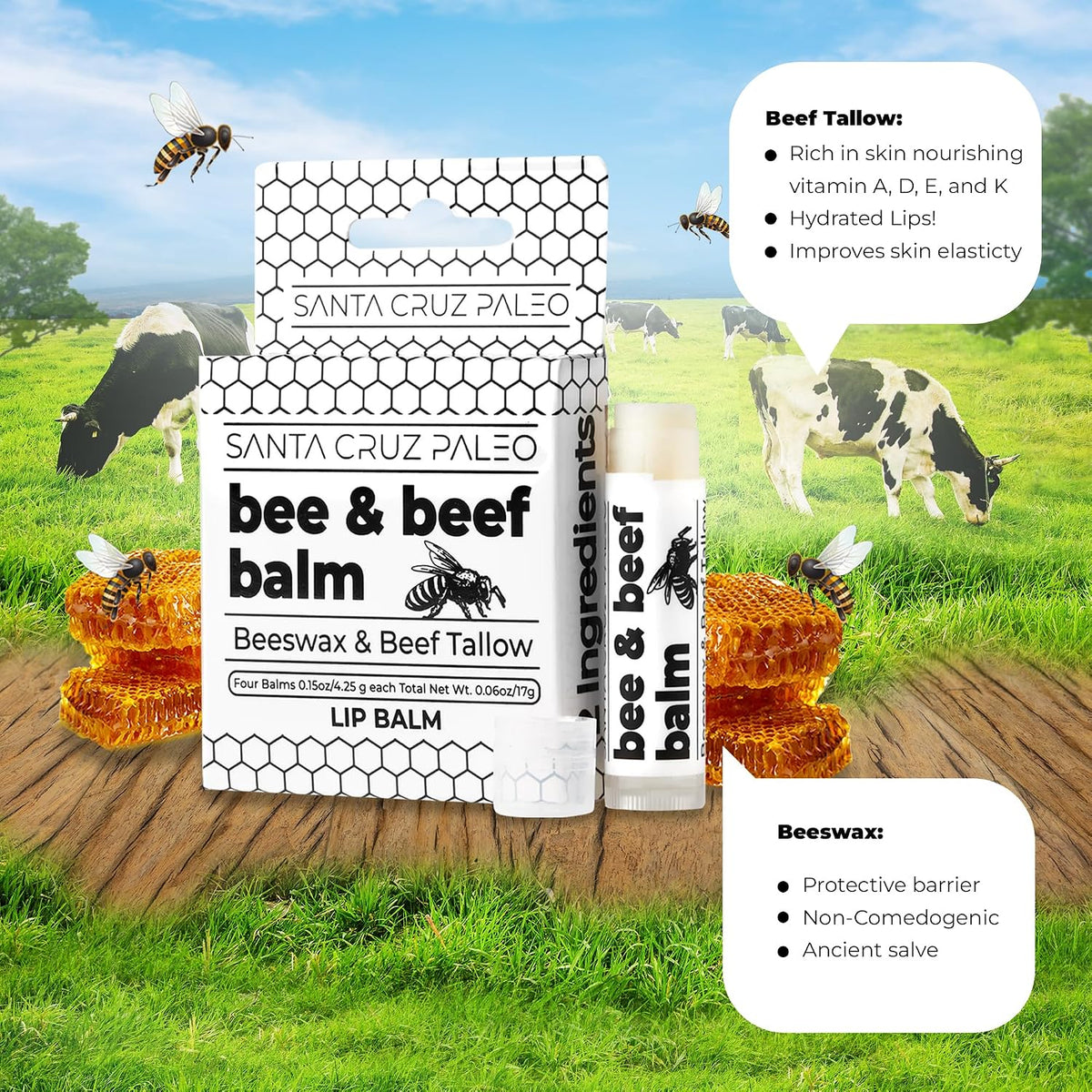 Santa Cruz Paleo Grass Fed Beef Tallow & Beeswax Lip Balm, 1 Pack, Beef Tallow for Skin Care Moisturizer, Hypoallergenic for Sensitive Skin, Long Lasting & Vitamin Rich, Unflavored