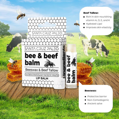 Santa Cruz Paleo Grass Fed Beef Tallow & Beeswax Lip Balm, 1 Pack, Beef Tallow for Skin Care Moisturizer, Hypoallergenic for Sensitive Skin, Long Lasting & Vitamin Rich, Unflavored
