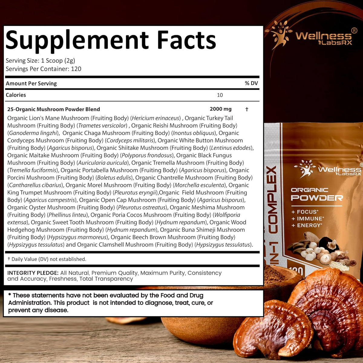 WELLNESS LABSRX Lions Mane Powder 2000mg - Mushroom Powder 25 in 1 2000mg | Bundle