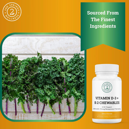 Vitamin D3 + K2 Chewables, Cherry Flavored | 2000 IU Vitamin D, MK7 K2 (Menaquinone-7), Tablets, For Adults and Kids