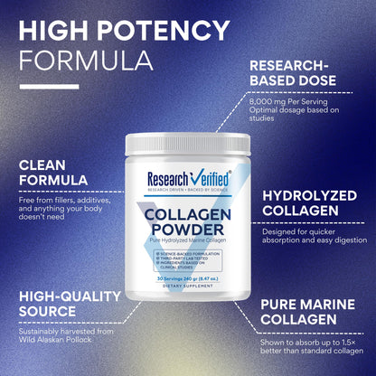 Research Verified® Collagen Powder - Hydrolyzed Marine Collagen Peptides - Unflavored - Skin Hydration and Elasticity, Muscle Recovery, Non GMO - 30 Scoops Per Container - 1 Month Supply
