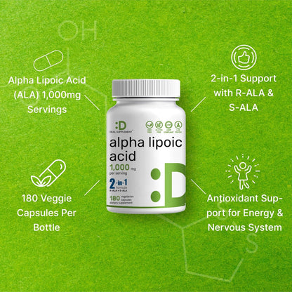 Alpha Lipoic Acid 1,000mg, 180 Veggie Capsules – 50/50 R-ALA & S-ALA for Max Bioavailability – Antioxidant Supplement – Energy & Nervous System Support – Non-GMO