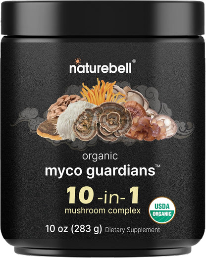 NatureBell Magnesium Glycinate Capsules 500mg & Myco Guardians 10 in 1 Mushroom Powder 10oz Bundle Pack | Chelated & Purified Mineral | Immune Booster & Brain Health Support