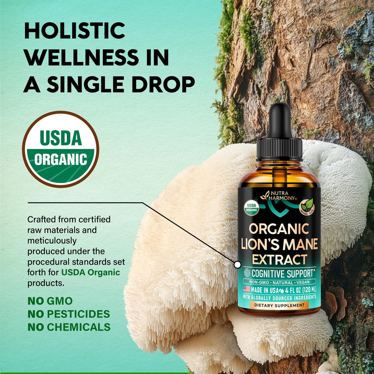 Lions Mane Liquid - USDA Certified Organic Lions Mane Supplement - Brain Support, Energy, Memory & Focus - Sugar & Alcohol-Free Lion's Mane Mushroom Extract 72,000 mg / Bottle, 2 Fl OZ, 2 Month Supply
