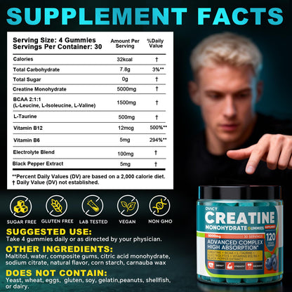 99.99% Creatine Monohydrate Gummies for Men Women 5g, 7-in-1 Pre-Workout Complex with BCAA, Taurine, B12/6 & Electrolytes, 6X Boost Energy, Muscle Strength & Recovery - dailyvitalstore