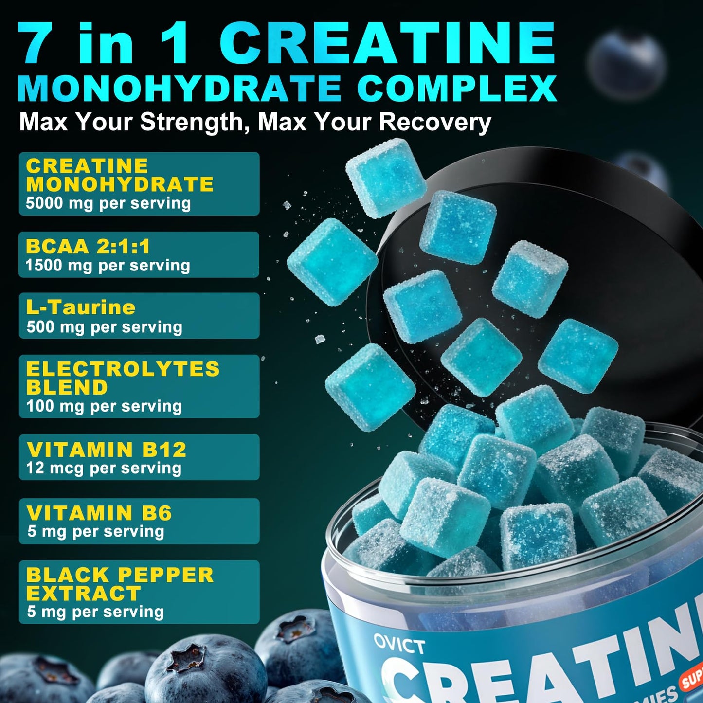 99.99% Creatine Monohydrate Gummies for Men Women 5g, 7-in-1 Pre-Workout Complex with BCAA, Taurine, B12/6 & Electrolytes, 6X Boost Energy, Muscle Strength & Recovery - dailyvitalstore
