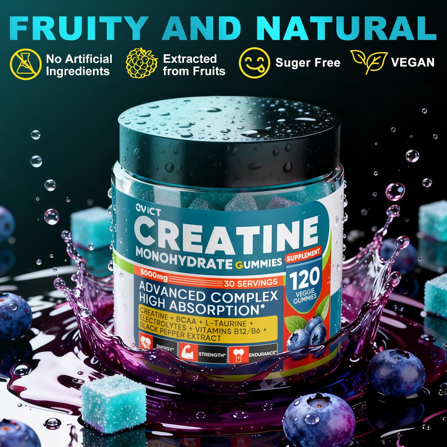 99.99% Creatine Monohydrate Gummies for Men Women 5g, 7-in-1 Pre-Workout Complex with BCAA, Taurine, B12/6 & Electrolytes, 6X Boost Energy, Muscle Strength & Recovery - dailyvitalstore