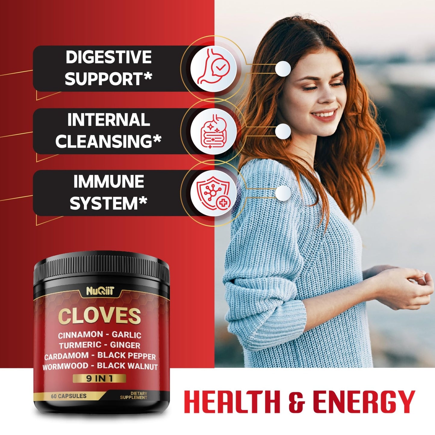 9in1 Clove Supplement Rich in Vitamins & Minerals for Digestive, Immune System, Bone & Heart Health with Cinnamon, Turmeric, Ginger, Cardamom, Garlic, Wormwood, Black Walnut - 60 Capsules - 30 Days - dailyvitalstore
