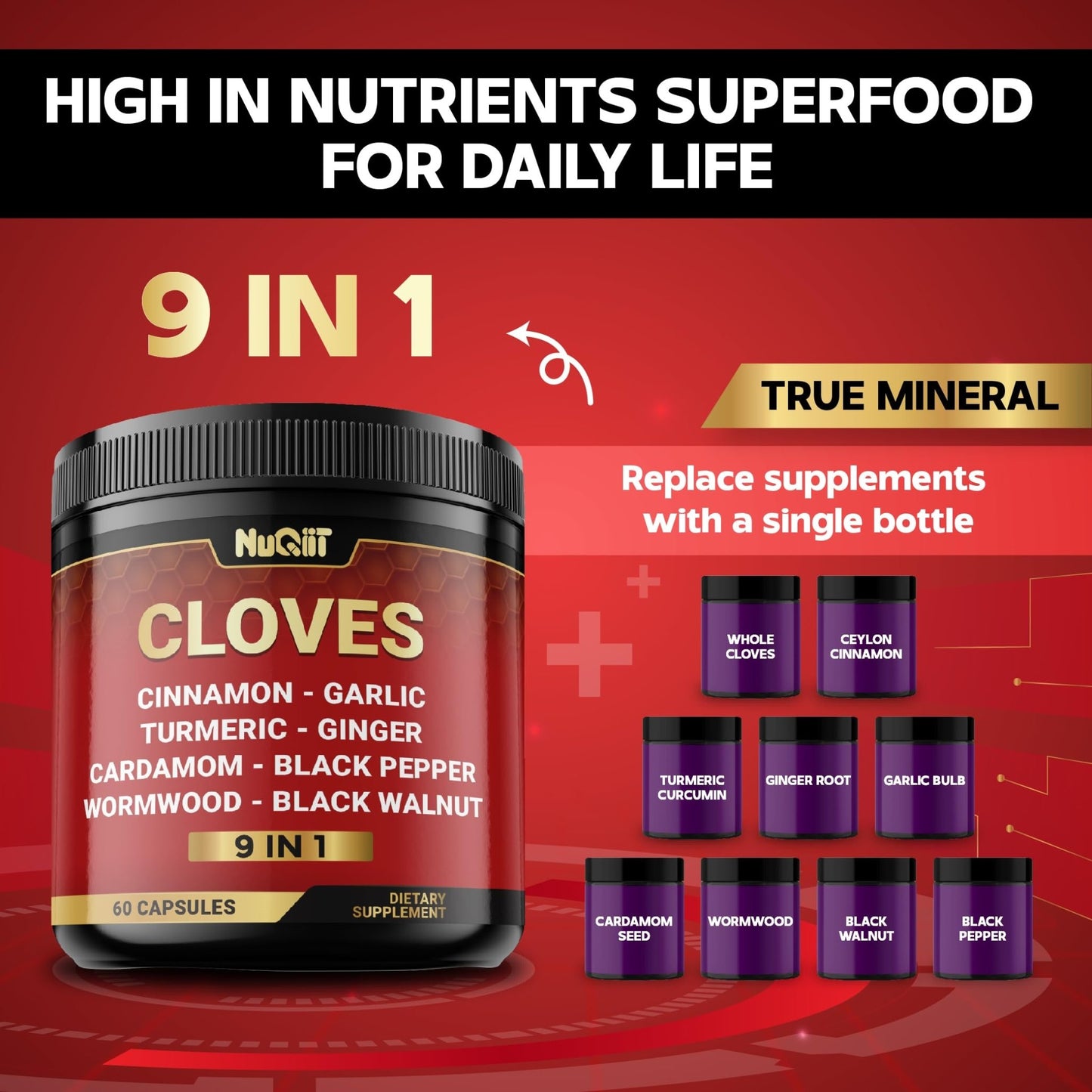 9in1 Clove Supplement Rich in Vitamins & Minerals for Digestive, Immune System, Bone & Heart Health with Cinnamon, Turmeric, Ginger, Cardamom, Garlic, Wormwood, Black Walnut - 60 Capsules - 30 Days - dailyvitalstore