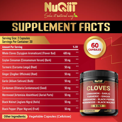 9in1 Clove Supplement Rich in Vitamins & Minerals for Digestive, Immune System, Bone & Heart Health with Cinnamon, Turmeric, Ginger, Cardamom, Garlic, Wormwood, Black Walnut - 60 Capsules - 30 Days - dailyvitalstore