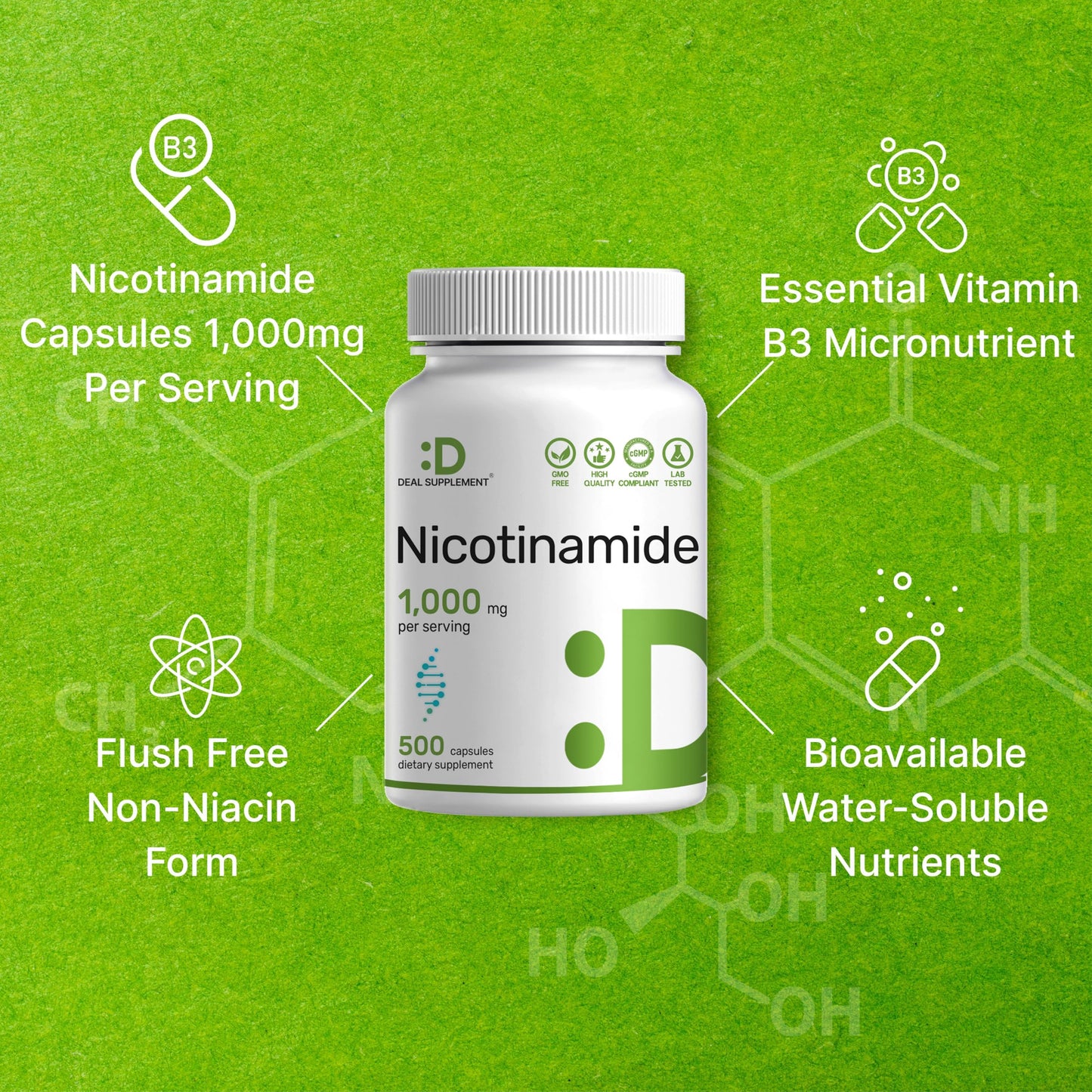 Vitamin B3 Nicotinamide 1,000mg Per Serving – 500 Capsules, Flush Free Niacin, Essential B3 – Supports Healthy Skin & Energy Production – Non-GMO