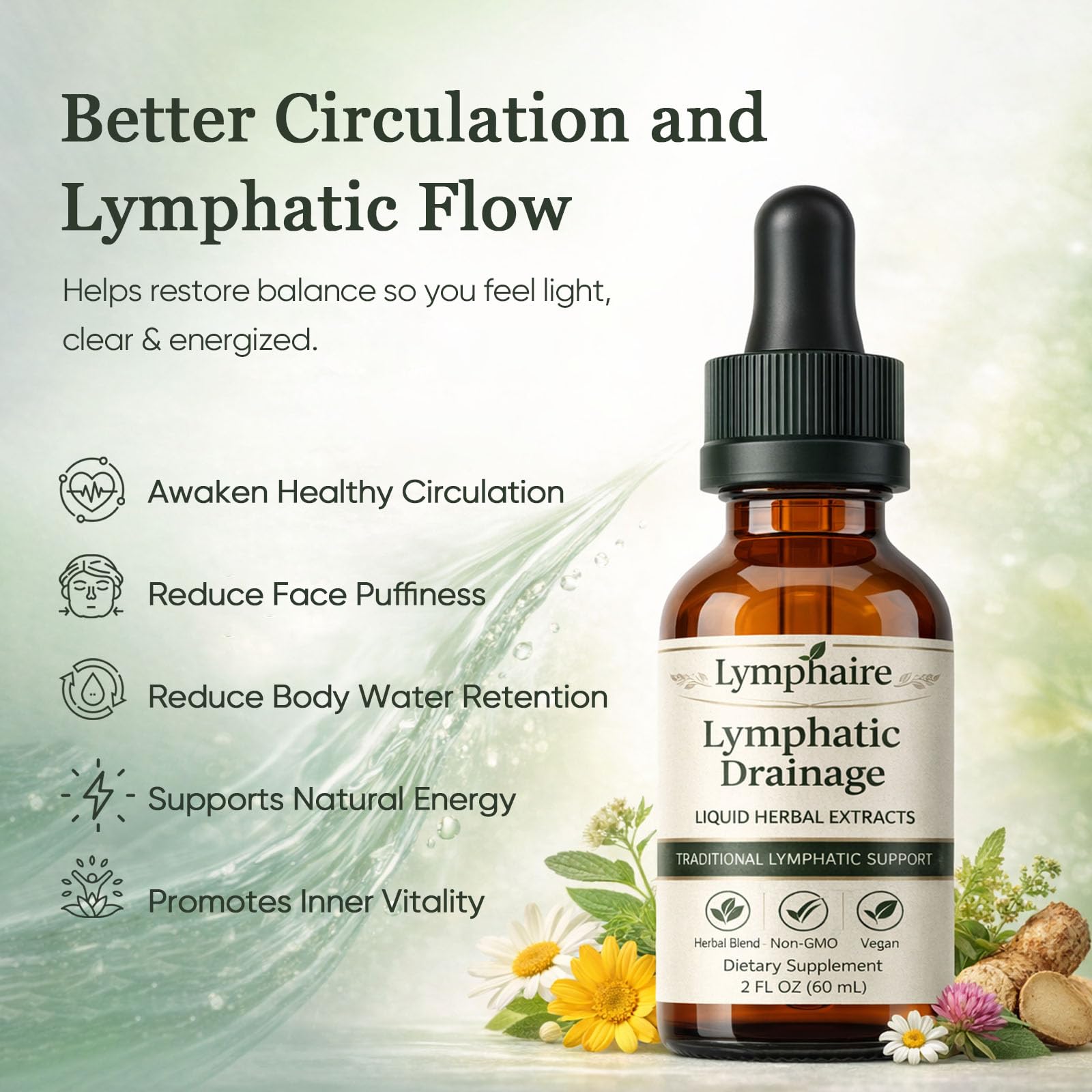 Aacnre Lymphaire Lymphatic Drainage Drops, Herbal Fluid Balance Support, Lymphatic System Support, Immune System & General Wellness, Vegan & Non-GMO, 2 Fl Oz (1) - dailyvitalstore