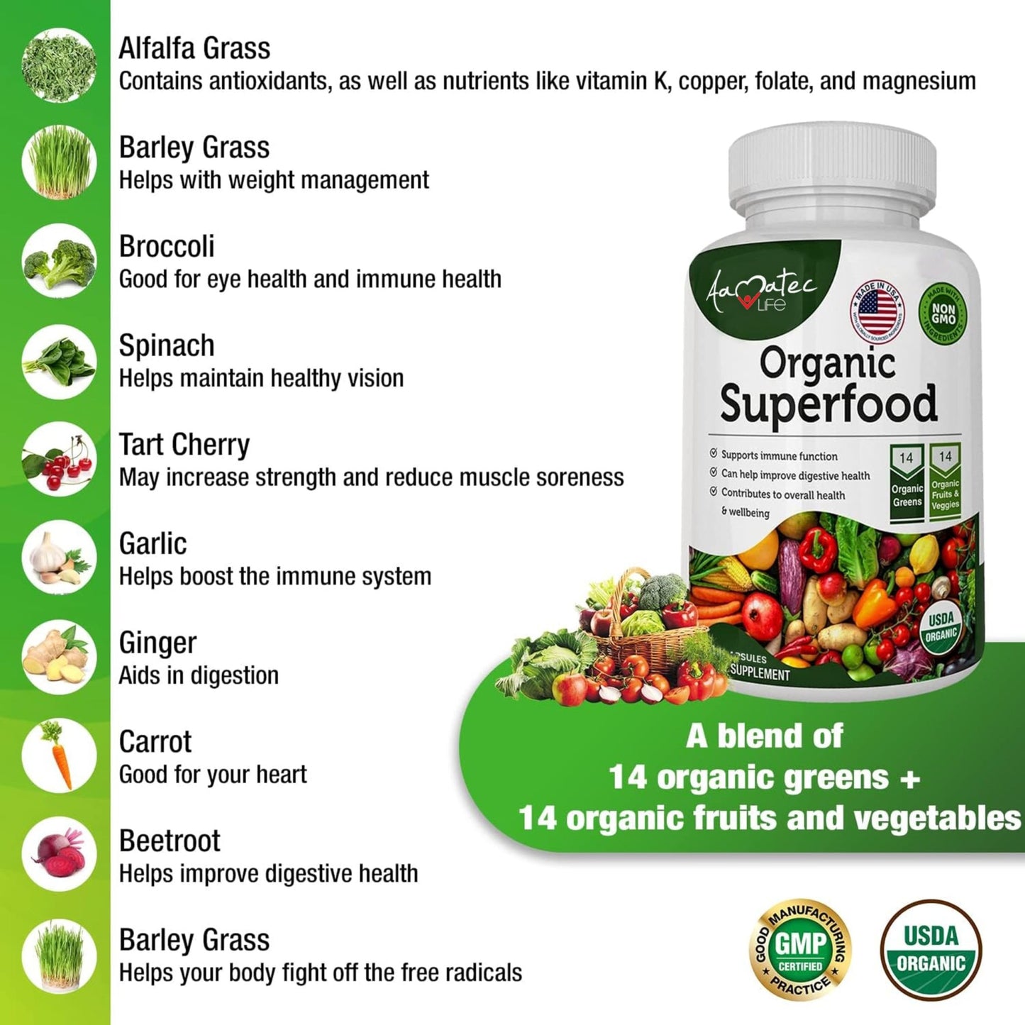 AAMATEC LIFE Organic Superfood Greens Fruits and Veggies Complex - Dietary Supplement with 14 Greens &14 Vegetables with Alfalfa Rich in Antioxidants Organic Ingredients Non-GMO (120 Count Pack of 2) - dailyvitalstore