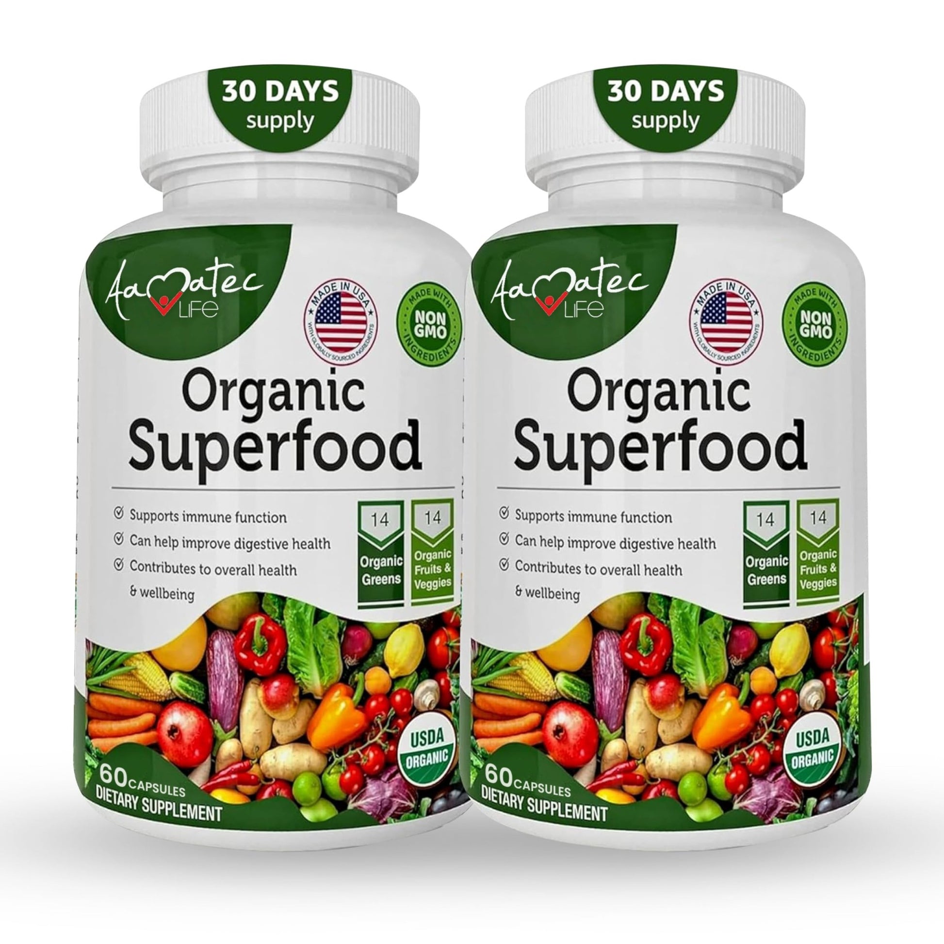 AAMATEC LIFE Organic Superfood Greens Fruits and Veggies Complex - Dietary Supplement with 14 Greens &14 Vegetables with Alfalfa Rich in Antioxidants Organic Ingredients Non-GMO (120 Count Pack of 2) - dailyvitalstore