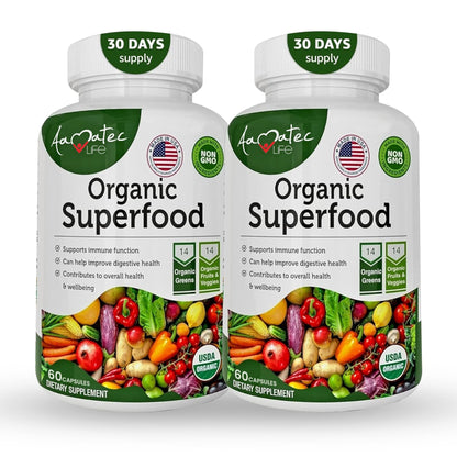 AAMATEC LIFE Organic Superfood Greens Fruits and Veggies Complex - Dietary Supplement with 14 Greens &14 Vegetables with Alfalfa Rich in Antioxidants Organic Ingredients Non-GMO (120 Count Pack of 2) - dailyvitalstore
