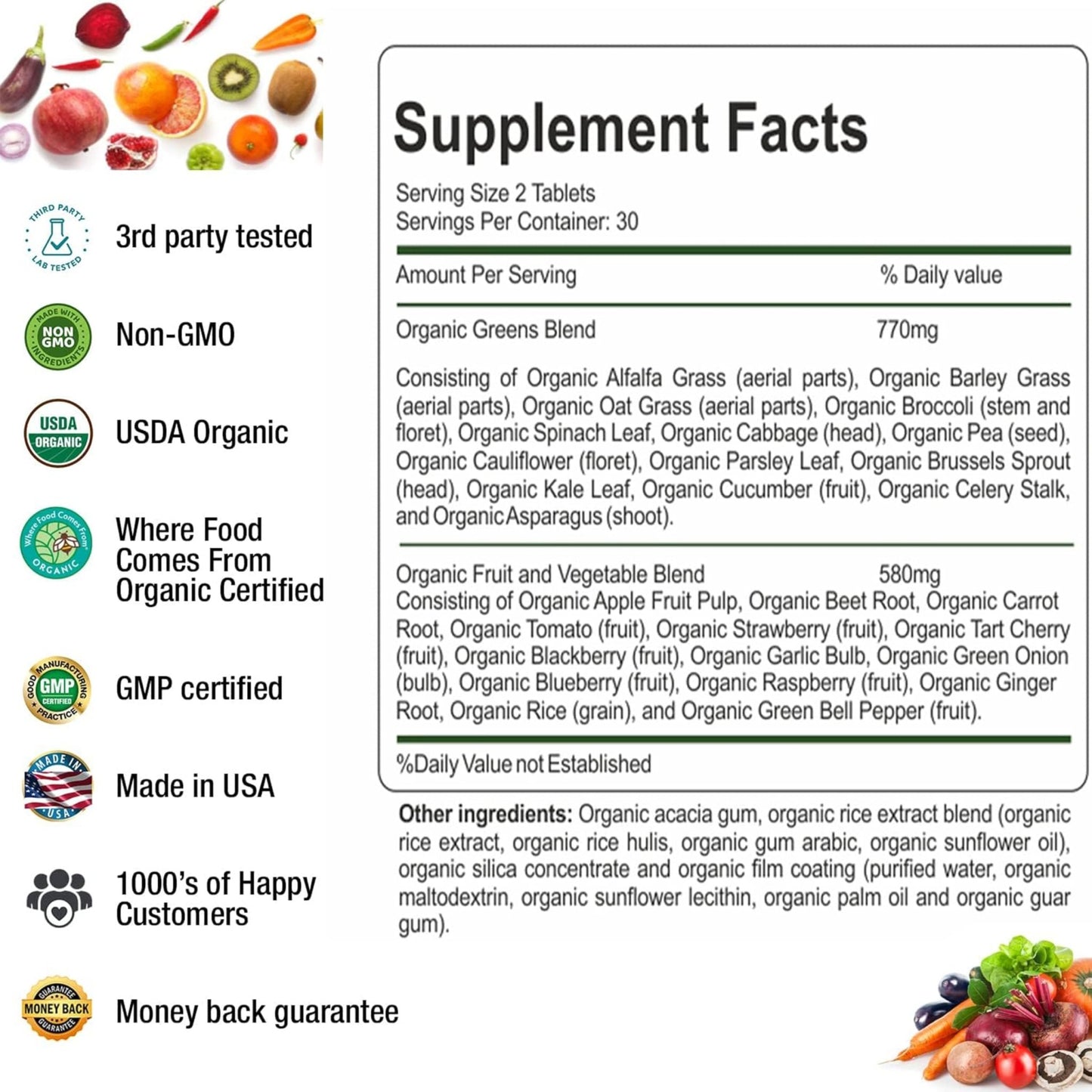 AAMATEC LIFE Organic Superfood Greens Fruits and Veggies Complex - Dietary Supplement with 14 Greens &14 Vegetables with Alfalfa Rich in Antioxidants Organic Ingredients Non-GMO (120 Count Pack of 2) - dailyvitalstore