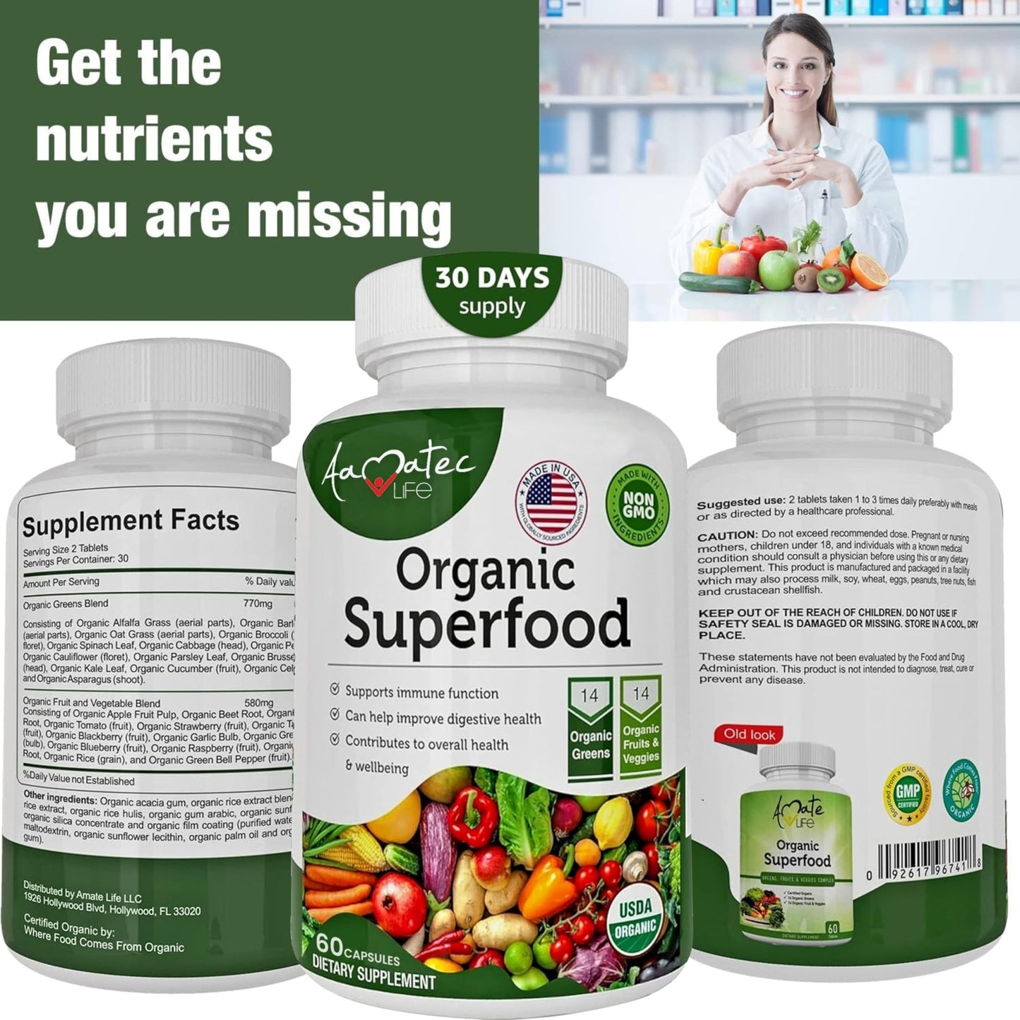 AAMATEC LIFE Organic Superfood Greens Fruits and Veggies Complex - Dietary Supplement with 14 Greens &14 Vegetables with Alfalfa Rich in Antioxidants Organic Ingredients Non-GMO (120 Count Pack of 2) - dailyvitalstore
